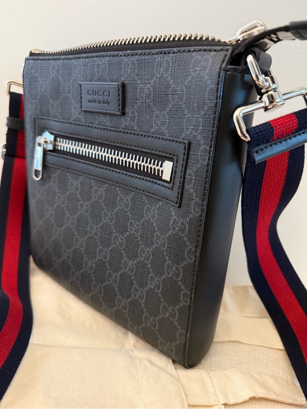 Gucci Unisex Black GG Supreme Crossbody Messenger Bag with Web Stripe Strap